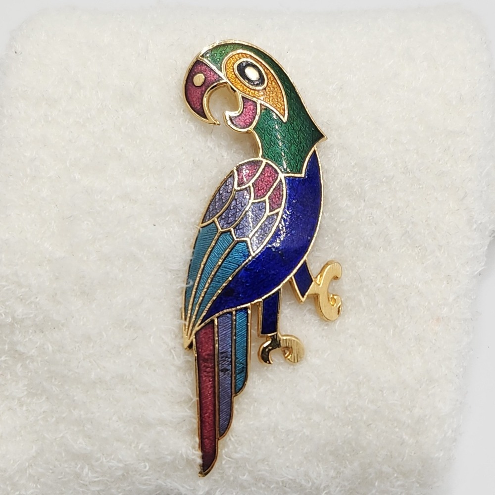 Vintage Cloisonne Enamel Parrot Brooch Tropical Bird Pin Bird Lover Gift 80s